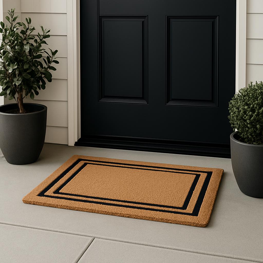 A beige doormat with a black border featuring a layered design, positioned in front of a black door, set against a gray fl...